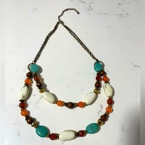 2 STRAN TURQUOISE & WOOD/  ACRYLIC STATEMENT NECKLACE